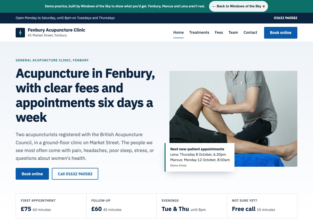 The Fenbury Acupuncture Clinic homepage: a navy and white layout with a headline about clear fees and appointments six days a week, a photo of a practitioner assessing a patient's knee, and a row showing fees and evening hours